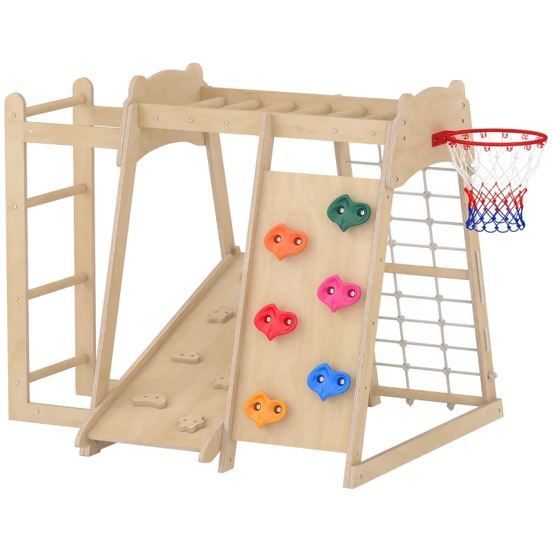 AIYAPLAY Struttura da Arrampicata per Bambini 7 in 1 in Legno, Scivolo Reversibile, Parco Giochi Montessori, 3-6 Anni