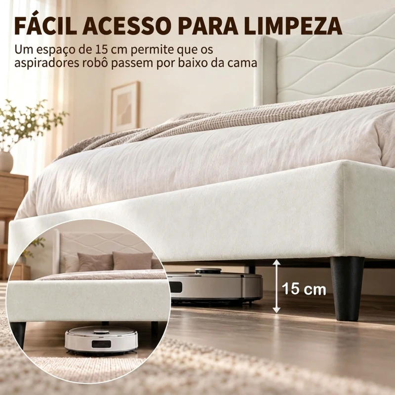 HOMCOM Cama Estofada 140x200 cm com Cabeceira Acolchoada com Abas em Veludo, Ripas de Madeira, Montagem Fácil, Bege