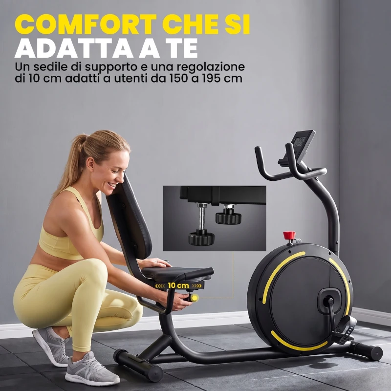 SPORTNOW Cyclette Orizzontale Magnetica Con Schienale E Monitor LCD e Bluetooth, Nero