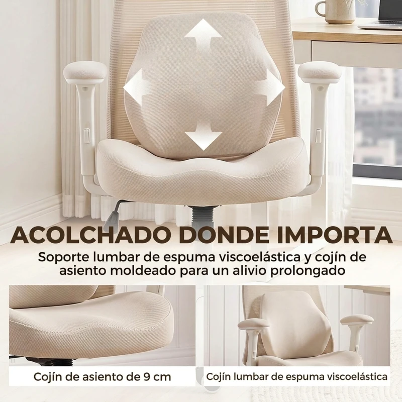 HOMCOM Silla de Escritorio Ergonómica Cojín Lumbar de Espuma Viscoelástica Reposacabezas 3D Reposabrazos Ajustables Beige