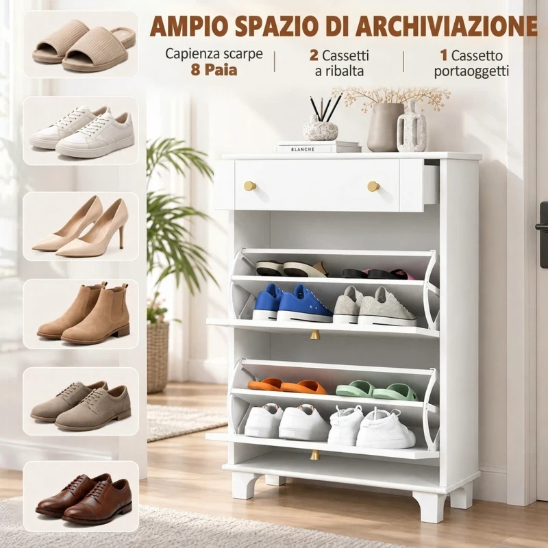 HOMCOM Scarpiera Salvaspazio Slim con 2 Ante a Ribalta, Scarpiera Ingresso con Ripiani Regolabili, Cassetto, Base Rialzata, Bianco