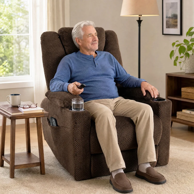HOMCOM Sillón Relax Reclinable Eléctrico Levanta Personas Mayores con Masaje Calor Portavasos Mando Bolsillos Marrón Oscuro