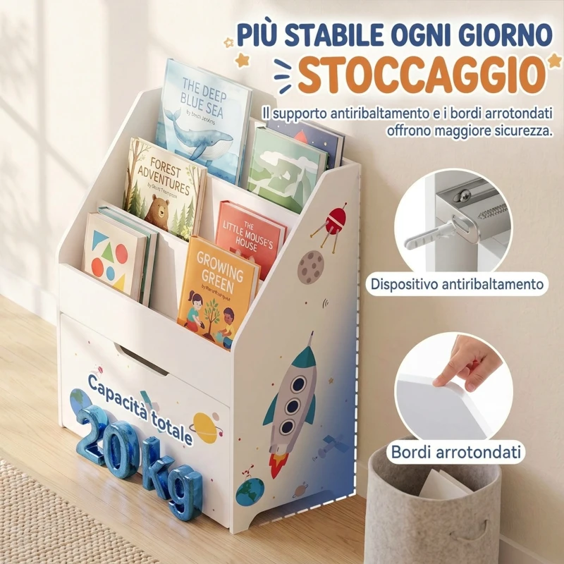 AIYAPLAY Libreria per bambini con cassetto mobile, 3 ripiani, 3-8 anni, bianco