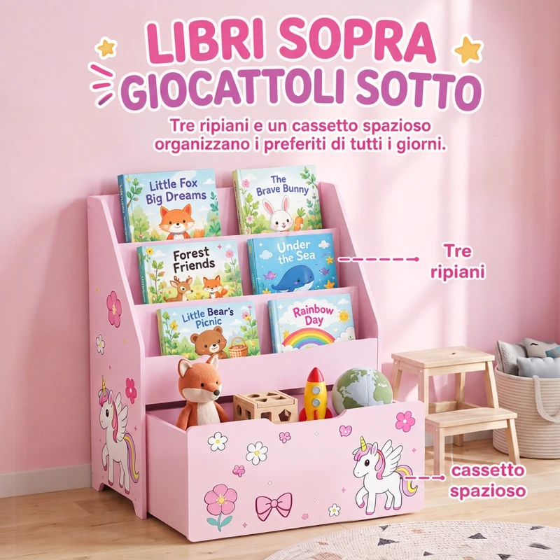 AIYAPLAY Libreria per bambini con cassetto mobile, 3 ripiani, 3-8 anni, Rosa
