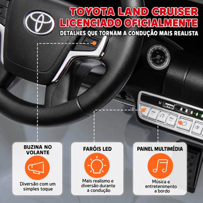AIYAPLAY Carro Elétrico para Crianças Toyota Land Cruiser 12V com Faróis Buzina Arranque Lento e Música MP3 107x65x55,5 cm Cinza