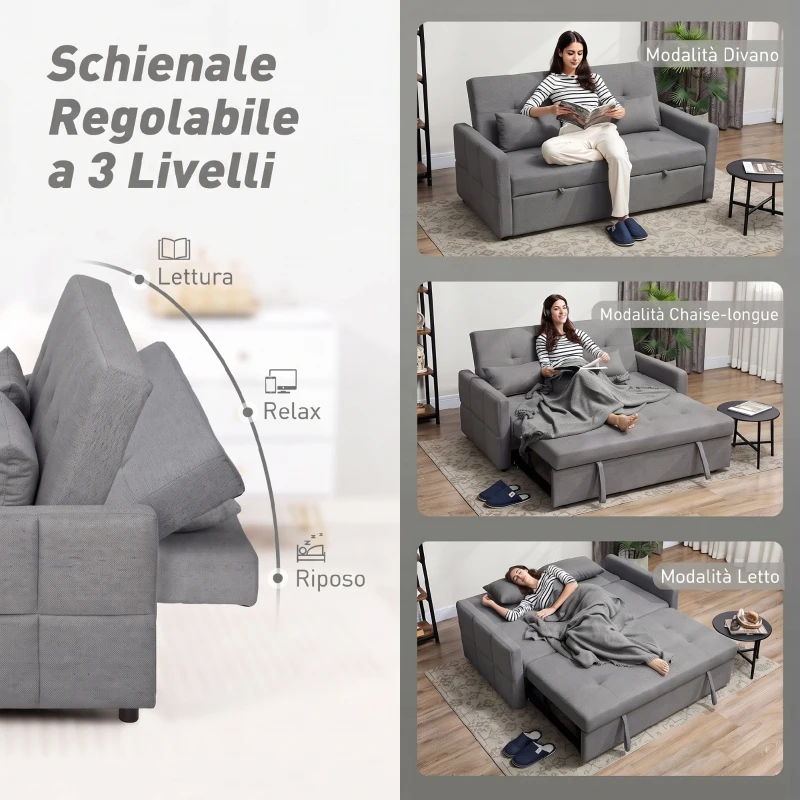 HOMCOM Divano Letto 2 Posti 3 in 1 Clic Clac in Tessuto con 2 Cuscini, Reclinabile e Imbottito, Grigio