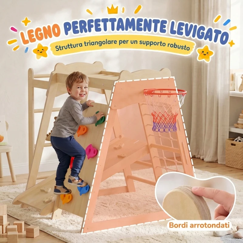 AIYAPLAY Struttura da Arrampicata per Bambini 7 in 1 in Legno, Scivolo Reversibile, Parco Giochi Montessori, 3-6 Anni