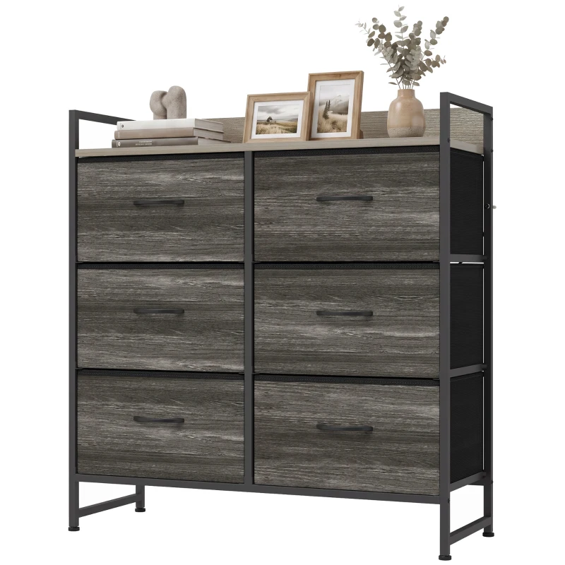 HOMCOM Cómoda con 6 Cajones Plegables Cajonera de Tela con Estructura de Acero Estilo Industrial 79x29x85 cm Gris