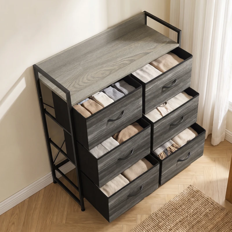 HOMCOM Cómoda con 6 Cajones Plegables Cajonera de Tela con Estructura de Acero Estilo Industrial 79x29x85 cm Gris