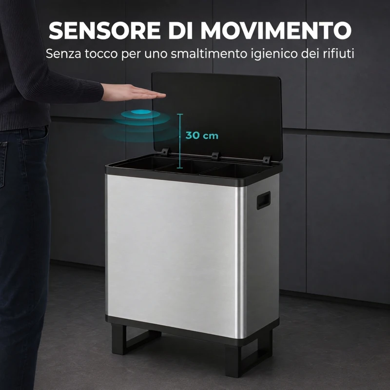 HOMCOM Pattumiera Automatica con Sensore 54L, 3 Scomparti, Secchi Interni Rimovibili, Acciaio Inox, Argento