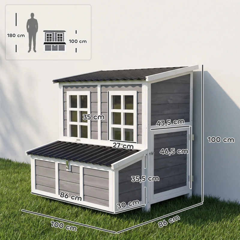PawHut Poulailler en bois XL avec nichoir 3 compartiments tiroir amovible toit imperméable porte-rampe 100x86x100cm gris