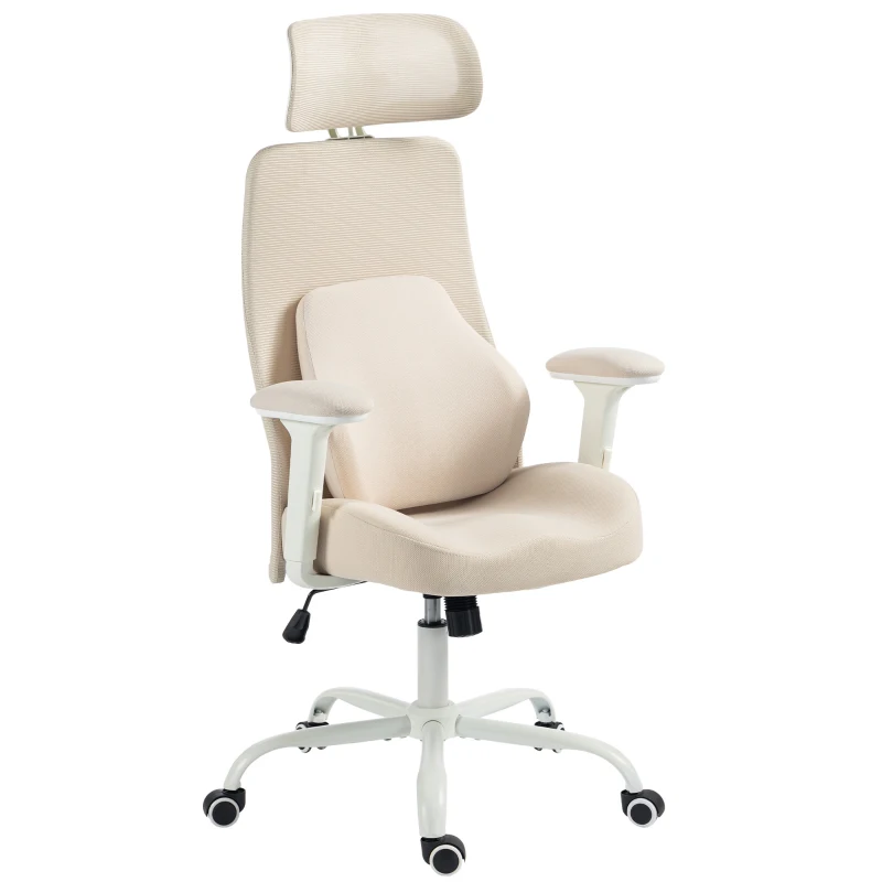 HOMCOM Cadeira de Escritório Ergonómica com Almofada Lombar em Espuma Viscoelástica, Apoio de Cabeça 3D e Apoios de Braços Ajustáveis - Bege