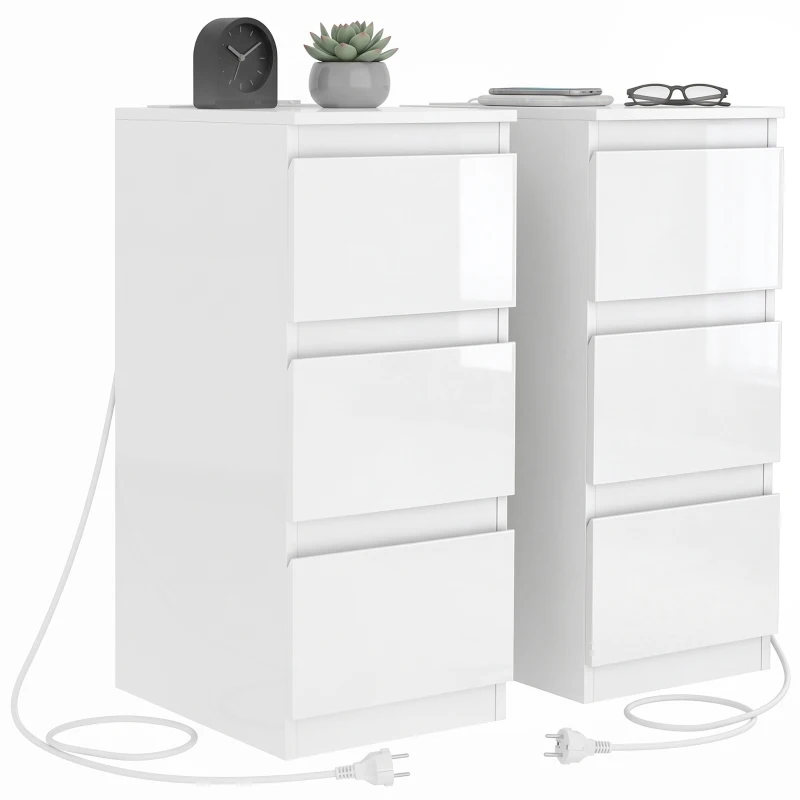HOMCOM Set di 2 Comodini Stretti con Stazione di Ricarica e 3 Cassetti, Bianco Lucido