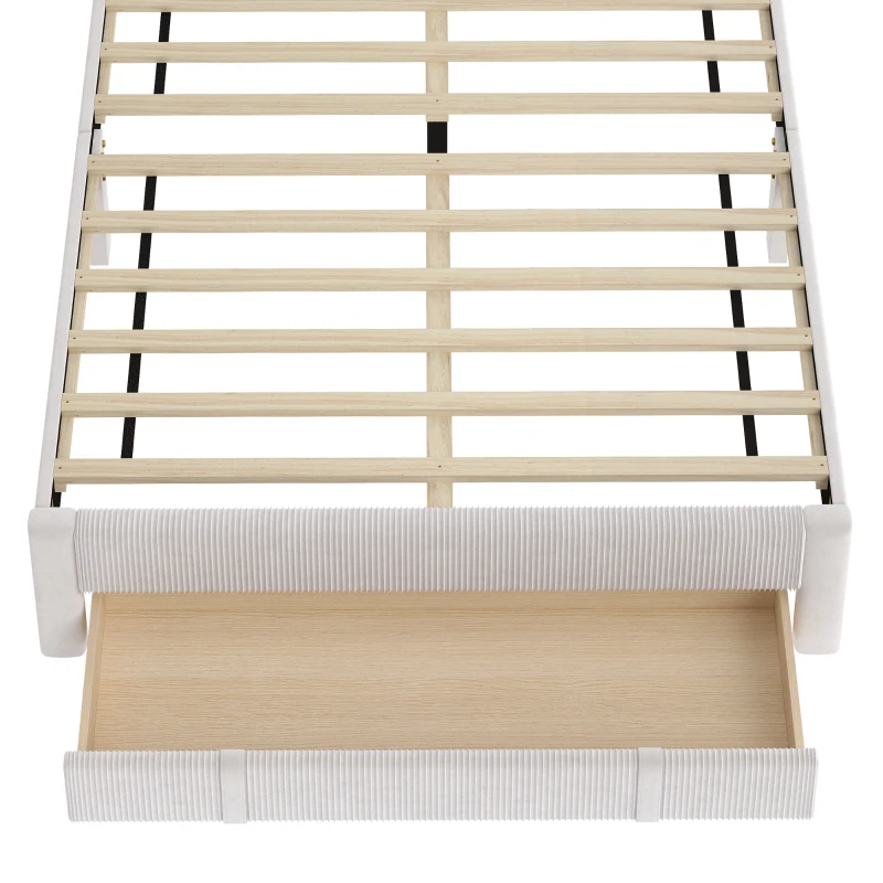 HOMCOM Cama Estofada 140x200 cm com Cabeceira Acolchoada, Gaveta de Arrumação e Ripas de Madeira, Bege