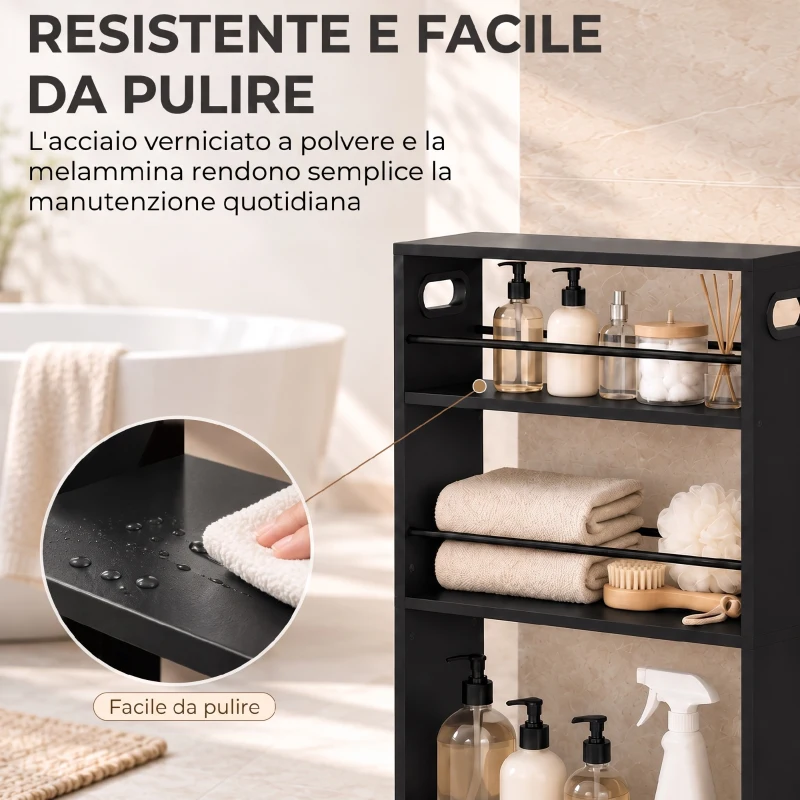 HOMCOM Carrello da Cucina e Bagno Salvaspazio a 3 Livelli con Barre Laterali e Ruote con Freni, Nero