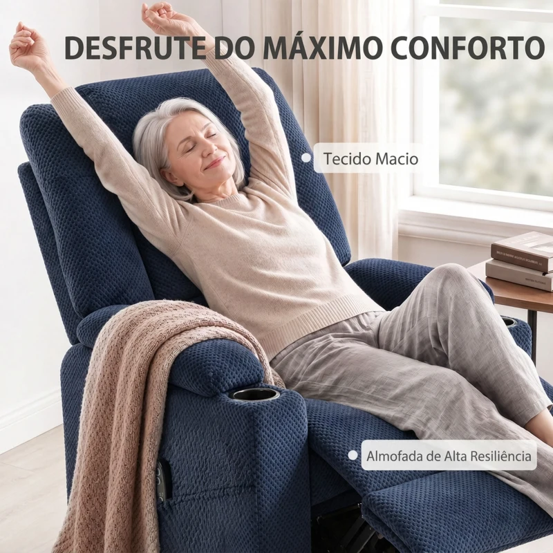 HOMCOM Poltrona Relax Reclinável Elétrica Elevatória para Idosos com Massagem, Calor, Porta-Copos, Comando e Bolsos Azul-Escuro
