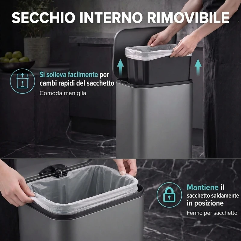 HOMCOM Pattumiera Rettangolare a Pedale 30L con Secchio Interno Rimovibile, Chiusura Ammortizzata e Manico, Grigio Scuro