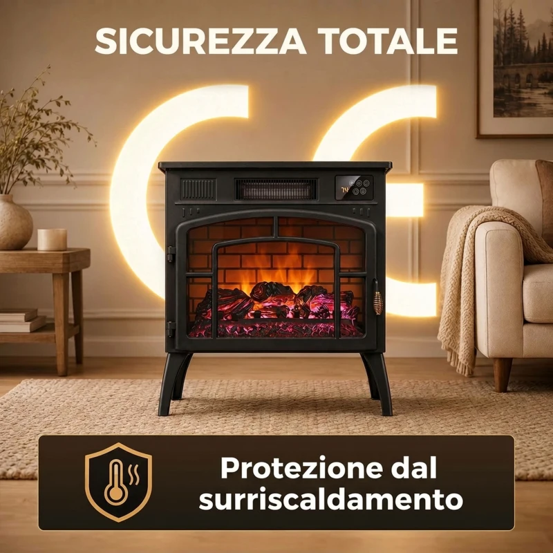 HOMCOM Camino Elettrico da Terra 1000/2000W WiFi Vista su Tre Lati, Fiamma 3D, Termostato Regolabile, Timer, 30㎡, Nero