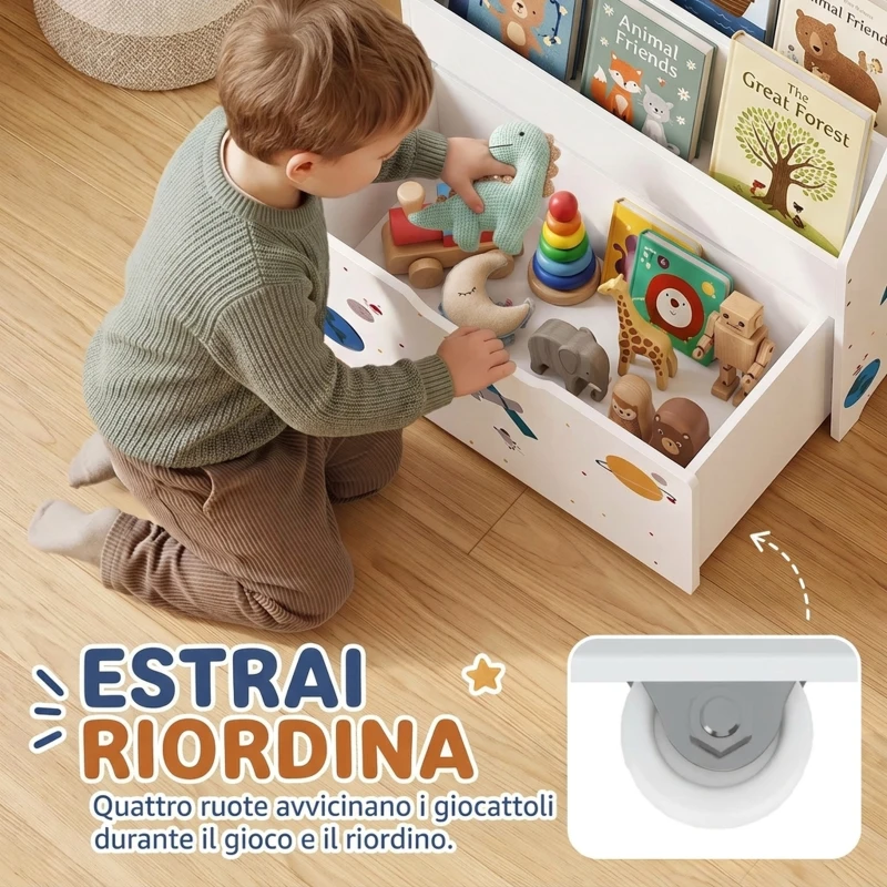 AIYAPLAY Libreria per bambini con cassetto mobile, 3 ripiani, 3-8 anni, bianco