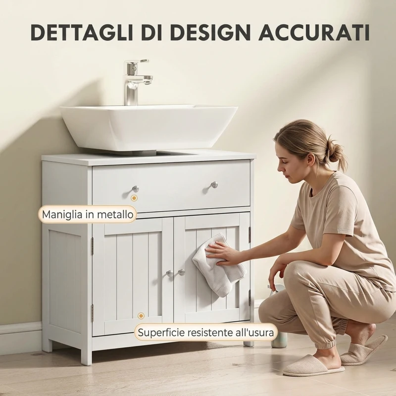 HOMCOM Mobiletto Sottolavabo Salvaspazio con Cassetto e Armadietto, 60x30x60 cm, Bianco