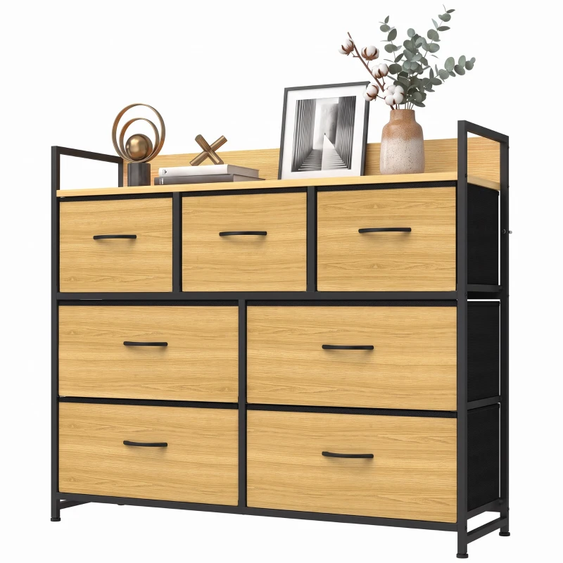 HOMCOM Cajonera de Tela Cómoda de Dormitorio con 7 Cajones Estructura de Acero para Sala de Estar Pasillo Roble
