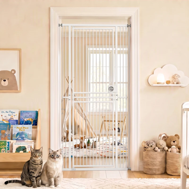 PawHut Barrera de Seguridad Perros Gatos Extra Alta 198 cm Extensible 74-100 cm para Puerta Escalera Montaje a Presión Blanco