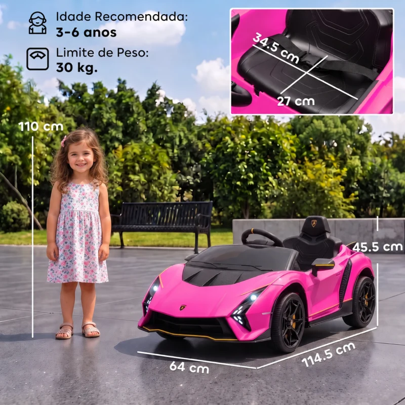 AIYAPLAY Carro Elétrico para Crianças Lamborghini 12V Controlo Remoto Faróis Buzina Arranque Lento e Música MP3 114,5x64x45,5 cm Rosa