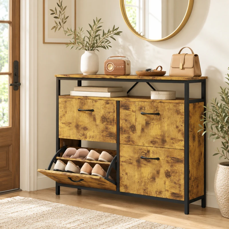 HOMCOM Shoe Storage Cabinet with 4 Flip Drawers and Open Shelf - Rustic Brown