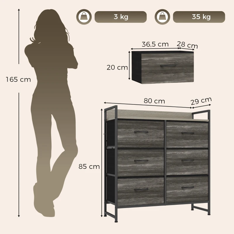 HOMCOM Cómoda con 6 Cajones Plegables Cajonera de Tela con Estructura de Acero Estilo Industrial 79x29x85 cm Gris
