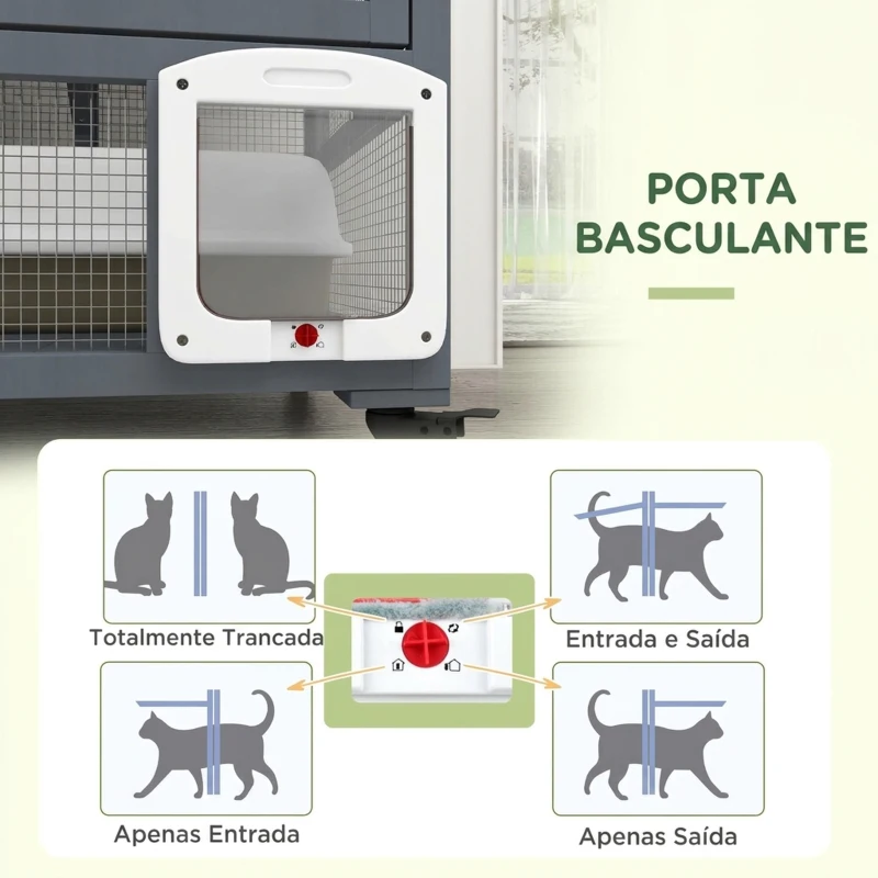 PawHut Gaiola Interior para Gatos em Madeira com Rodas, Portas, Plataformas de Salto, Rede e Topo Basculante, 110x100x60 cm, Cinzento
