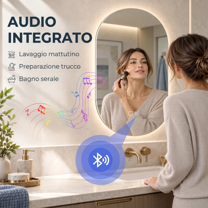 HOMCOM Specchio da Bagno LED 60x90cm Senza Cornice, 3 Colori Dimmerabili e Altoparlante Bluetooth