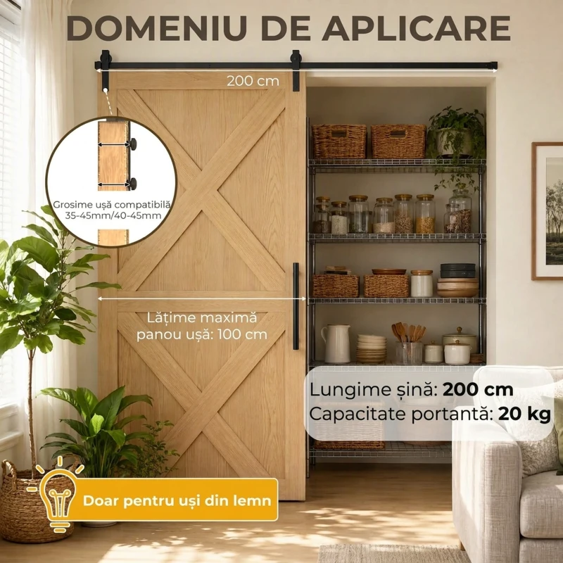 HOMCOM Kit pentru ușă glisantă din lemn cu șină de 200cm și capacitate de 20kg, negru