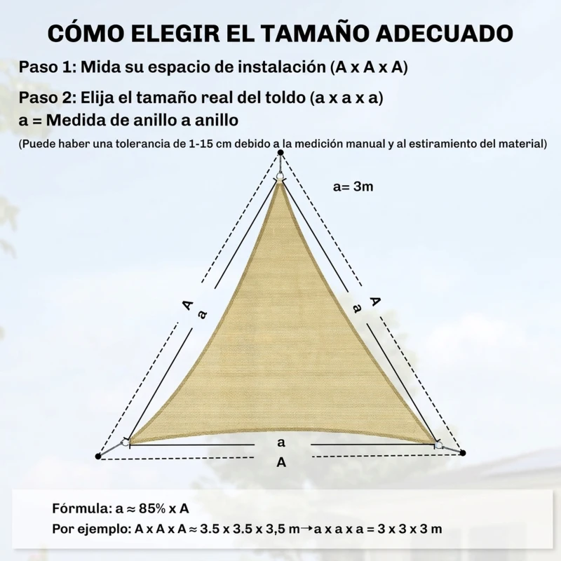 Outsunny Toldo Vela Triangular 3x3x3 m Vela de Sombra para Jardín Patio Terraza HDPE Anti UV y Transpirable Color Arena