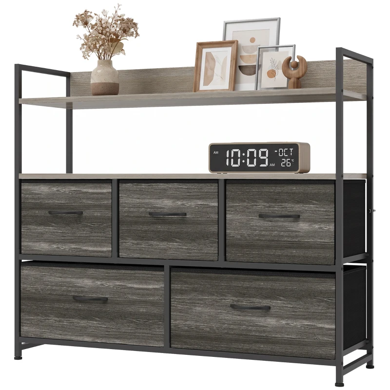 HOMCOM Cajonera de Tela Cómoda de Dormitorio con 5 Cajones y Estantes Estructura de Acero Estilo Industrial Gris