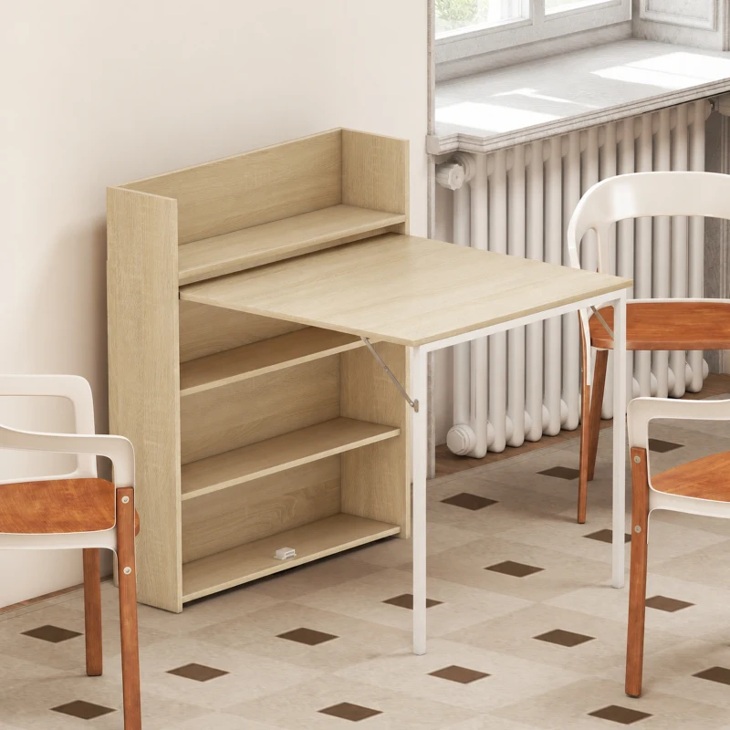 HOMCOM Table à manger pliante, table de cuisine pour 3 personnes, plateau à abattant et 4 étagères, 78,5x91x93cm, chêne(m-2)