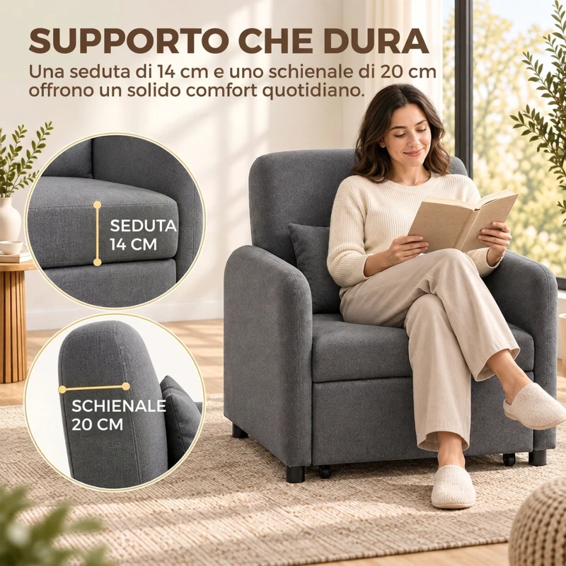 HOMCOM Poltrona Letto 3 in 1 Estraibile con Schienale Regolabile