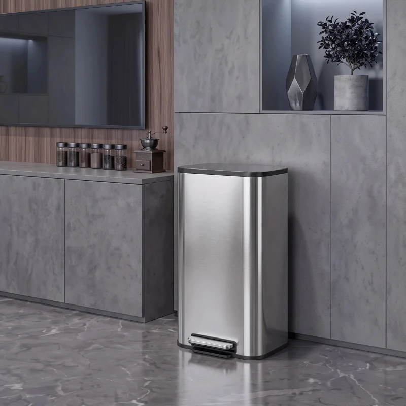 HOMCOM Pattumiera da Cucina 30L in Acciaio Inox, Chiusura Ammortizzata, Secchio Rimovibile, Argento