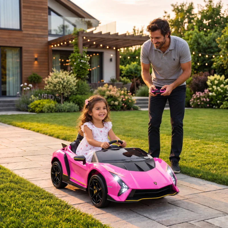 AIYAPLAY Carro Elétrico para Crianças Lamborghini 12V Controlo Remoto Faróis Buzina Arranque Lento e Música MP3 114,5x64x45,5 cm Rosa