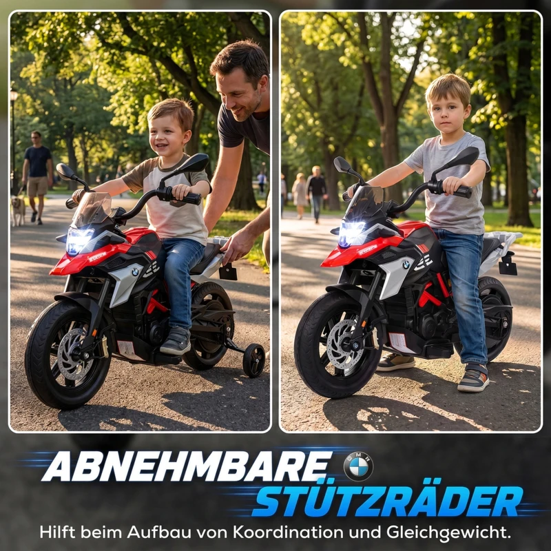 AIYAPLAY BMW 12V elektrische kindermotor met lithiumaccu, 35W motor, draaigas, zijwieltjes, PU-zadel, tot 6 km/u
