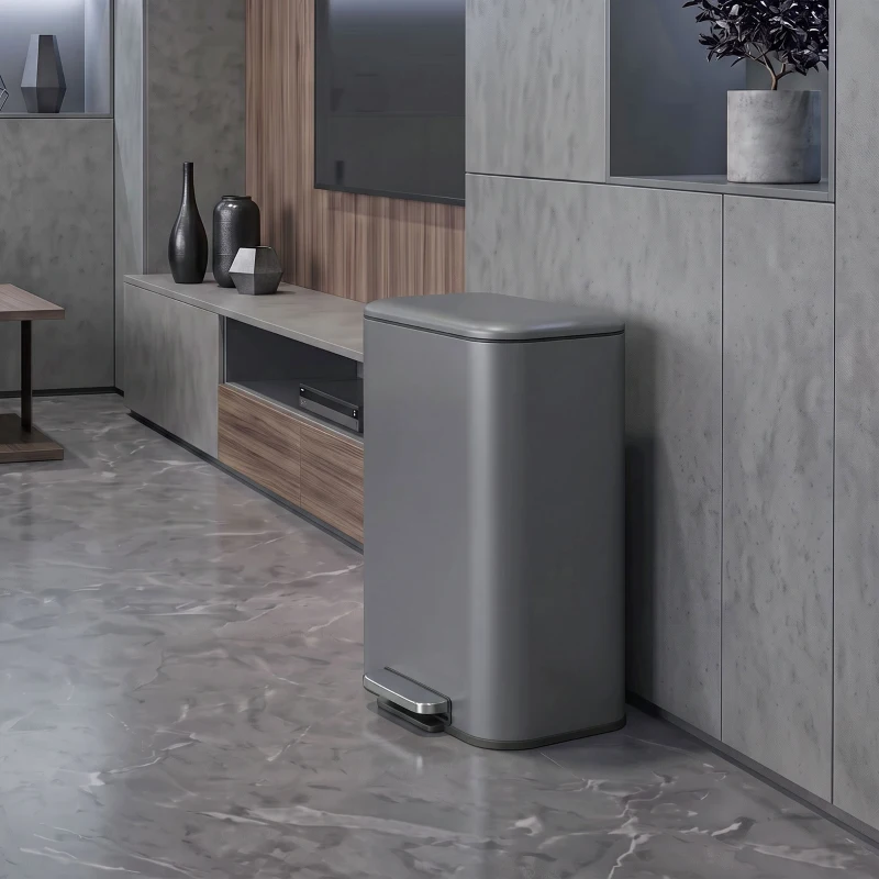 HOMCOM Pattumiera Rettangolare a Pedale 30L con Secchio Interno Rimovibile, Chiusura Ammortizzata e Manico, Grigio Scuro