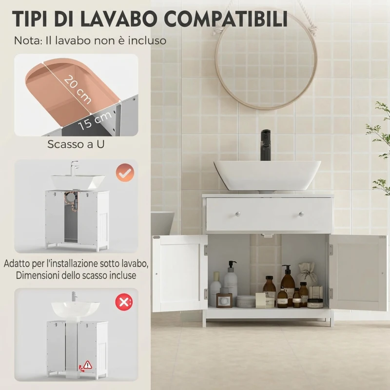 HOMCOM Mobiletto Sottolavabo Salvaspazio con Cassetto e Armadietto, 60x30x60 cm, Bianco