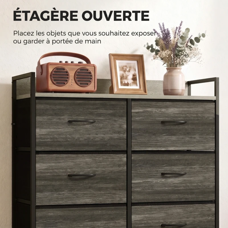 HOMCOM Commode, Meuble de Rangement pour Chambre, 6 Tiroirs en Tissu en Lin, Cadre en Acier, 80 x 29 x 85 cm, Gris