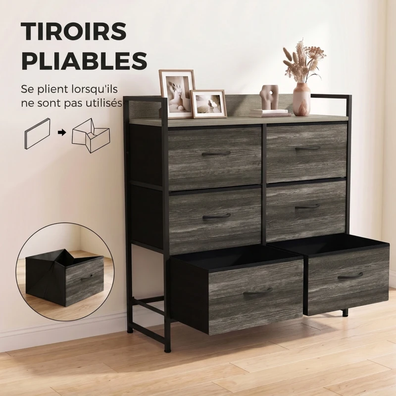 HOMCOM Commode, Meuble de Rangement pour Chambre, 6 Tiroirs en Tissu en Lin, Cadre en Acier, 80 x 29 x 85 cm, Gris