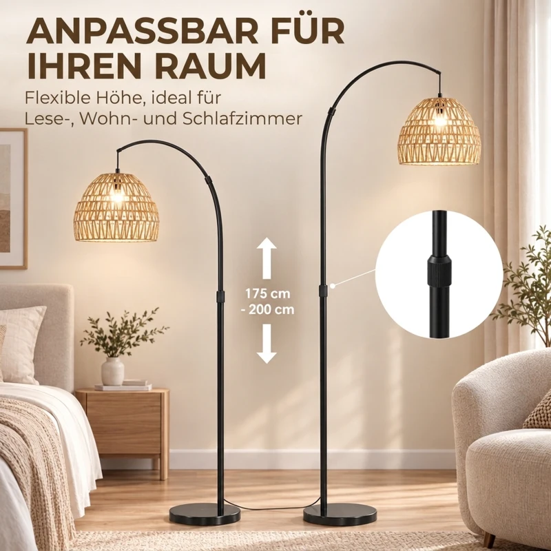 HOMCOM Bogen-Stehlampe mit doppeltem Papierseil-Schirm, Fußschalter, höhenverstellbar, Marmorfuß, Schwarz