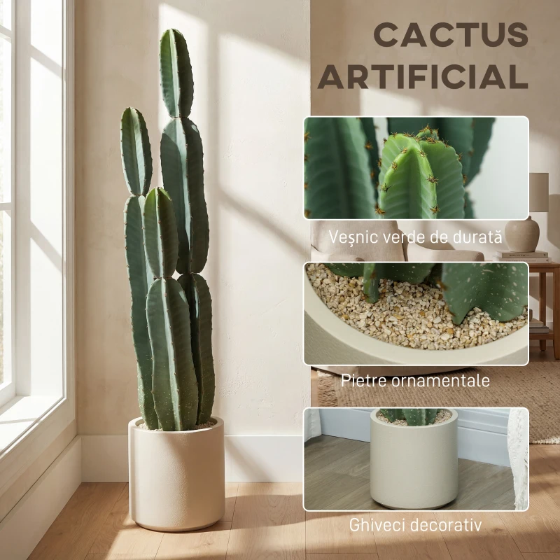 HOMCOM Plantă artificială cactus cu 3 tulpini din EVA, cu ghiveci din PP, decor pentru living, 25 x 25 x 111 cm, verde