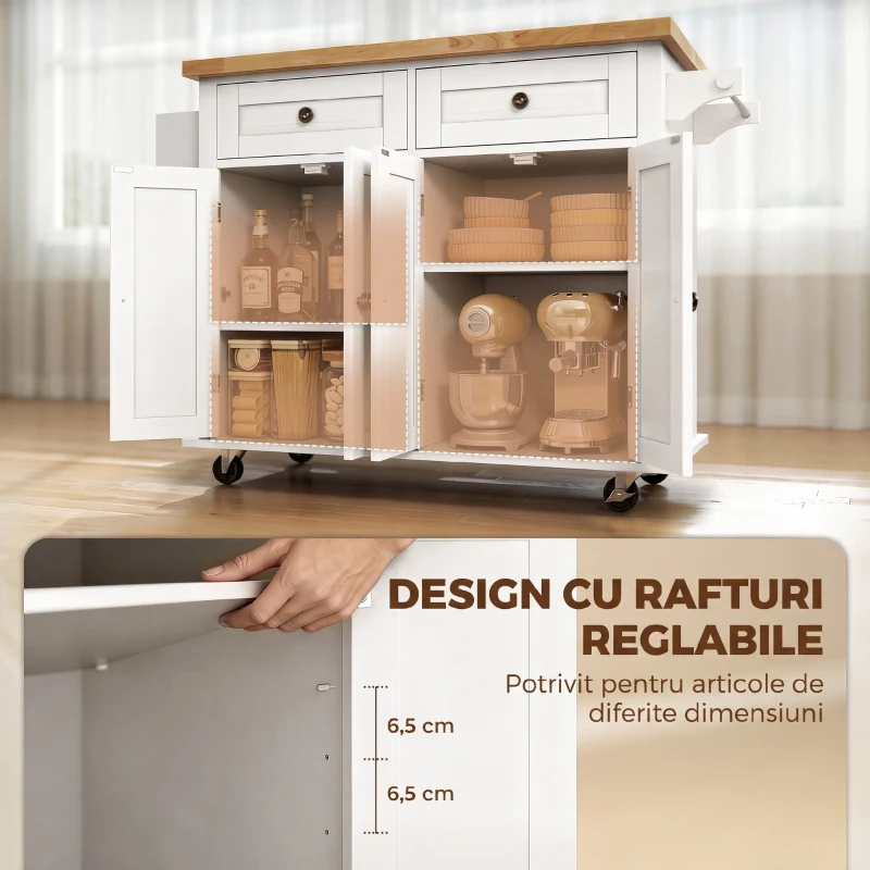 HOMCOM Insulă de bucătărie cu roți și sertare, 111 x 44,5 x 82,5 cm, alb