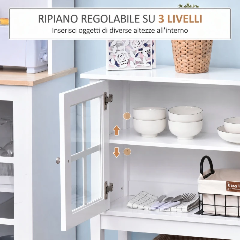 HOMCOM Credenza Cucina Moderna con 2 Ante in Vetro Temperato, Ripiano regolabile, 80x28x84 cm, Bianco