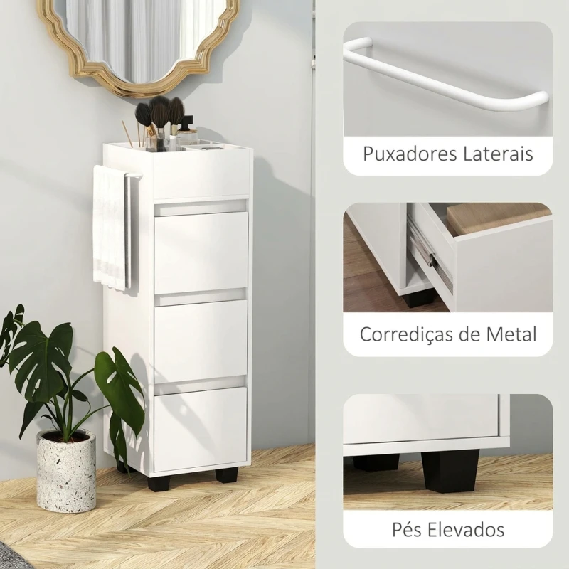 HOMCOM Armário Estreito para Casa de Banho com 3 Gavetas, 4 Compartimentos Superiores e Toalheiro 35x30x90 cm Branco