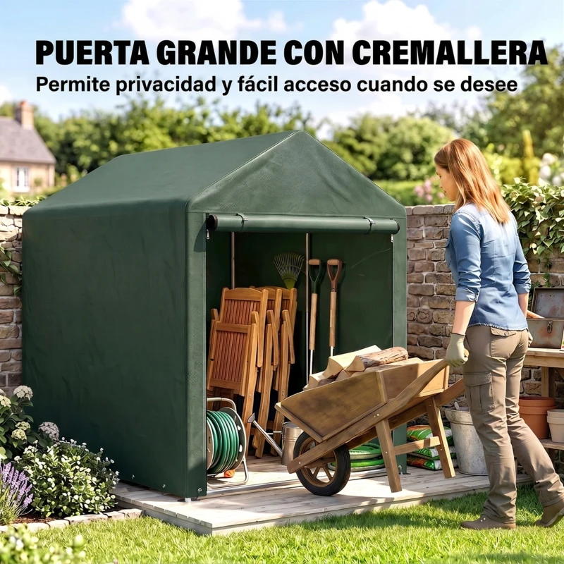 Outsunny Carpa de Jardín para Herramientas 1,2x1,8x1,65 m con 2 Habitaciones Puerta con Cremallera Impermeable Anti-UV Verde