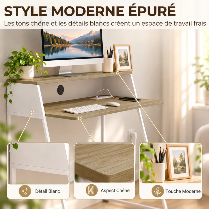 HOMCOM Bureau d'Ordinateur, 90 x 50 cm, Bureau avec Rangement, Étagère Ouverte et Cadre en Acier, Chêne et Blanc